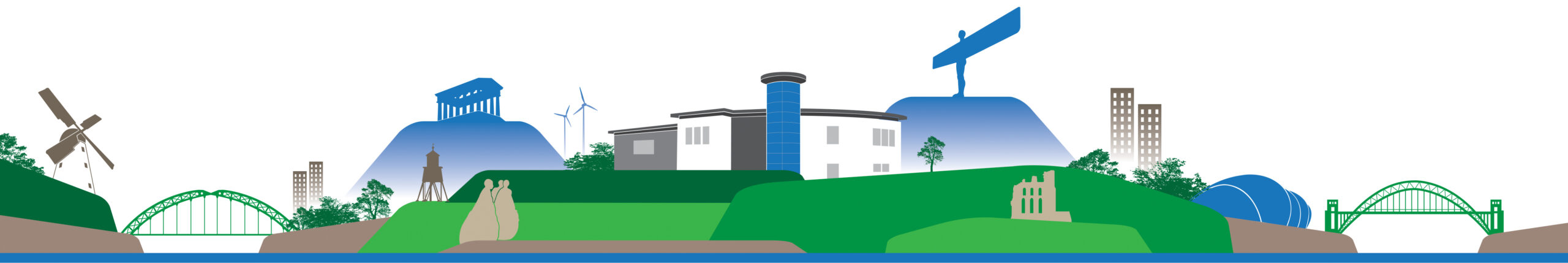 Graphic showing landmarks in Tyne and Wear with Tyne and Wear Fire and Rescue Service Headquarters in the centre