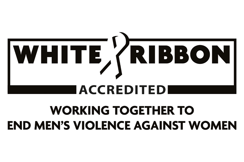 White Ribbon Accredited Logo with text saying working together to end men's violence against women